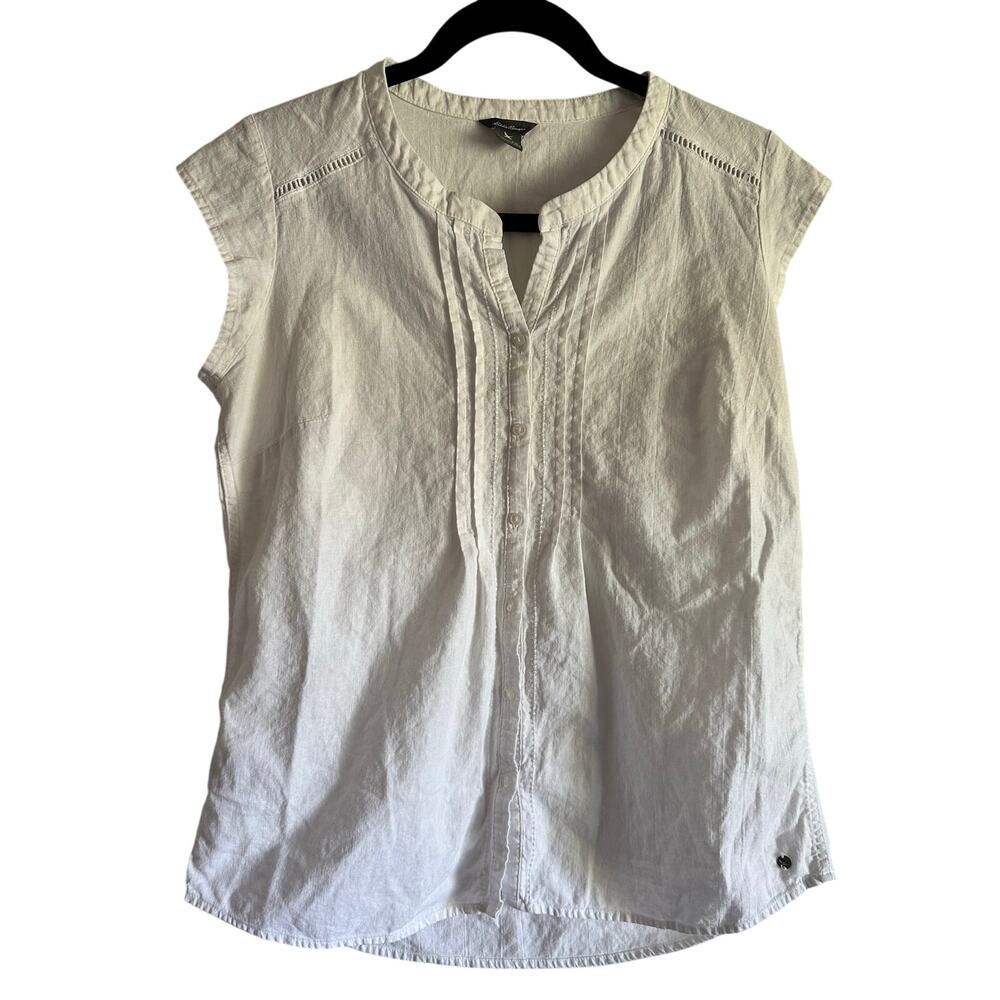 W’s Eddie Bauer Linen/Rayon White Blouse Petite Med